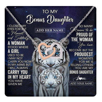 Interlocking Hearts Necklace Stainless Steel & Rose Gold Finish | 1 | Personalized To My Bonus Daughter Necklace From Stepmother Dad I Close My Eyes White Tiger Stepdaughter Birthday Gift Christmas Gift Box Message Card | https://teecentury.