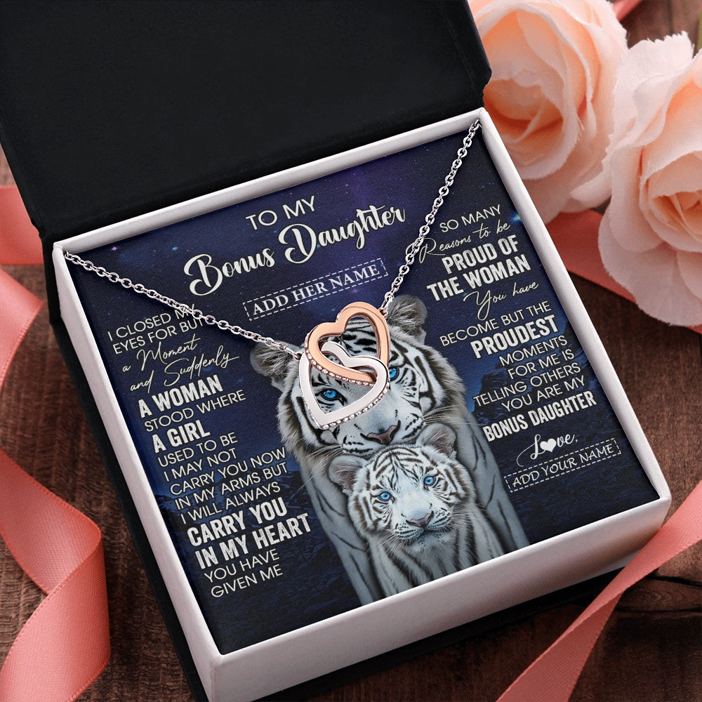 Interlocking Hearts Necklace Stainless Steel & Rose Gold Finish | 2 | Personalized To My Bonus Daughter Necklace From Stepmother Dad I Close My Eyes White Tiger Stepdaughter Birthday Gift Christmas Gift Box Message Card | https://teecentury.