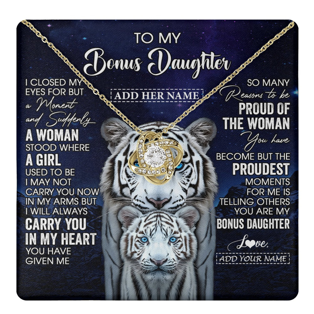 Love Knot Necklace 18K Yellow Gold Finish | 1 | Personalized To My Bonus Daughter Necklace From Stepmother Dad I Close My Eyes White Tiger Stepdaughter Birthday Gift Christmas Gift Box Message Card | https://teecentury.