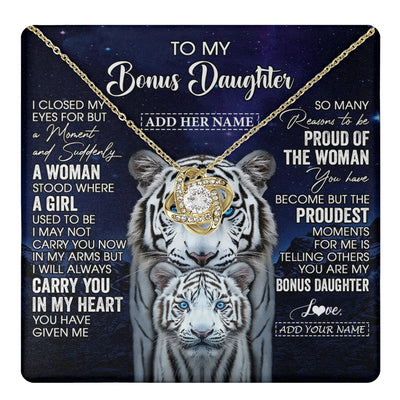 Love Knot Necklace 18K Yellow Gold Finish | 1 | Personalized To My Bonus Daughter Necklace From Stepmother Dad I Close My Eyes White Tiger Stepdaughter Birthday Gift Christmas Gift Box Message Card | https://teecentury.