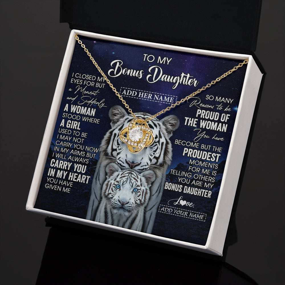 Love Knot Necklace 18K Yellow Gold Finish | 2 | Personalized To My Bonus Daughter Necklace From Stepmother Dad I Close My Eyes White Tiger Stepdaughter Birthday Gift Christmas Gift Box Message Card | https://teecentury.