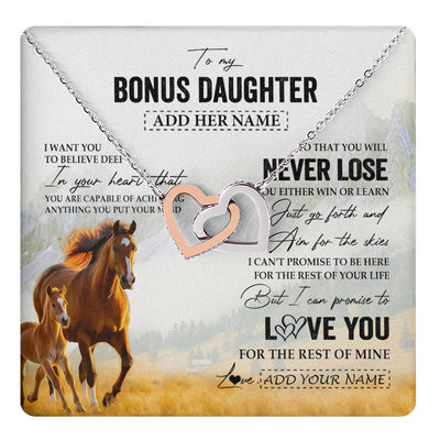 Interlocking Hearts Necklace Stainless Steel & Rose Gold Finish | 1 | Personalized To My Bonus Daughter Necklace From Stepmother Dad You Will Never Lose Horse Stepdaughter Birthday Gifts Christmas Custom Gift Box Message Card | teecentury