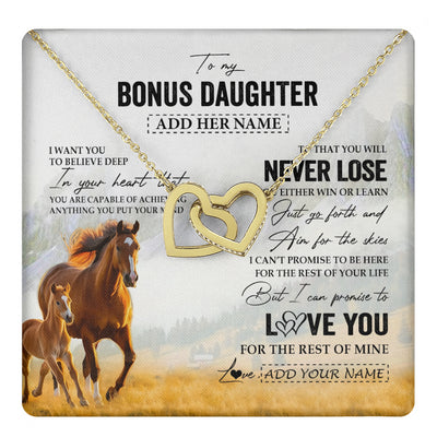 Interlocking Hearts Necklace 18K Yellow Gold Finish | 1 | Personalized To My Bonus Daughter Necklace From Stepmother Dad You Will Never Lose Horse Stepdaughter Birthday Gifts Christmas Custom Gift Box Message Card | teecentury