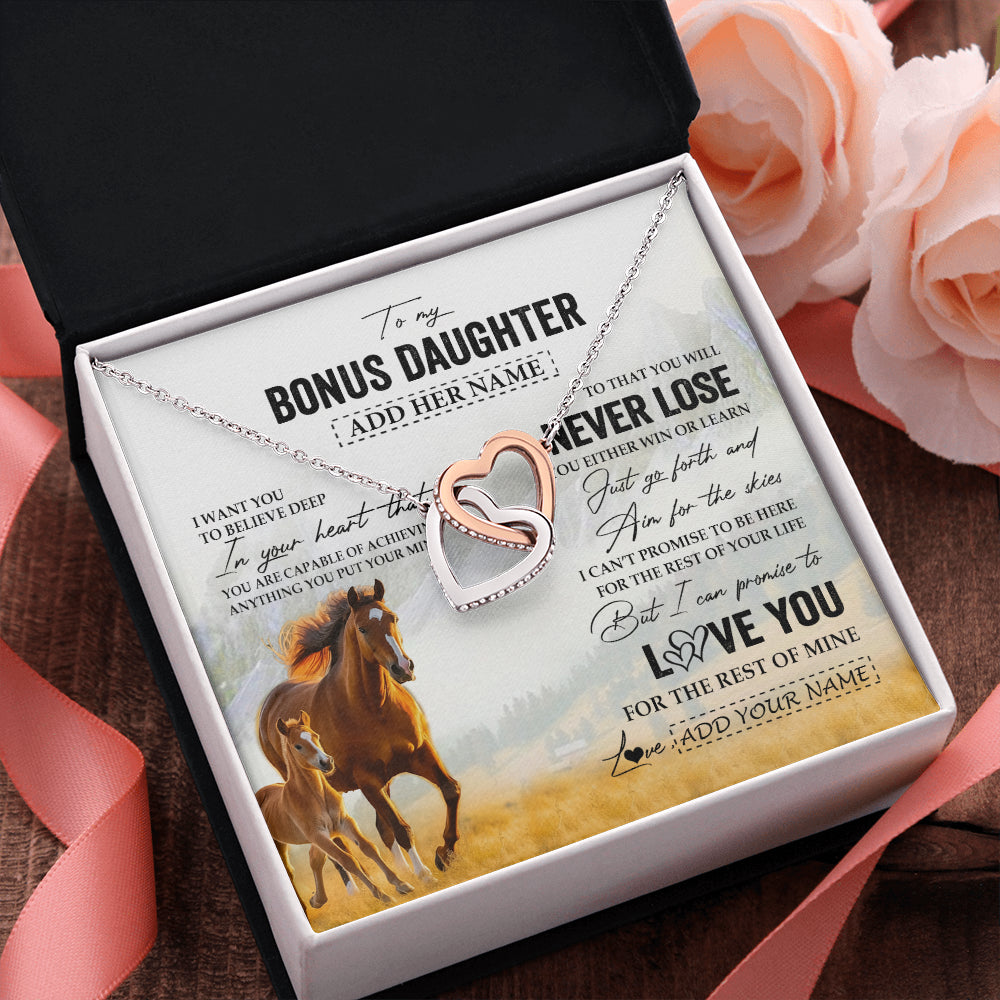 Interlocking Hearts Necklace Stainless Steel & Rose Gold Finish | 2 | Personalized To My Bonus Daughter Necklace From Stepmother Dad You Will Never Lose Horse Stepdaughter Birthday Gifts Christmas Custom Gift Box Message Card | teecentury