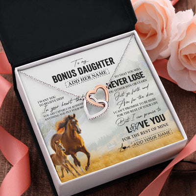 Interlocking Hearts Necklace Stainless Steel & Rose Gold Finish | 2 | Personalized To My Bonus Daughter Necklace From Stepmother Dad You Will Never Lose Horse Stepdaughter Birthday Gifts Christmas Custom Gift Box Message Card | teecentury