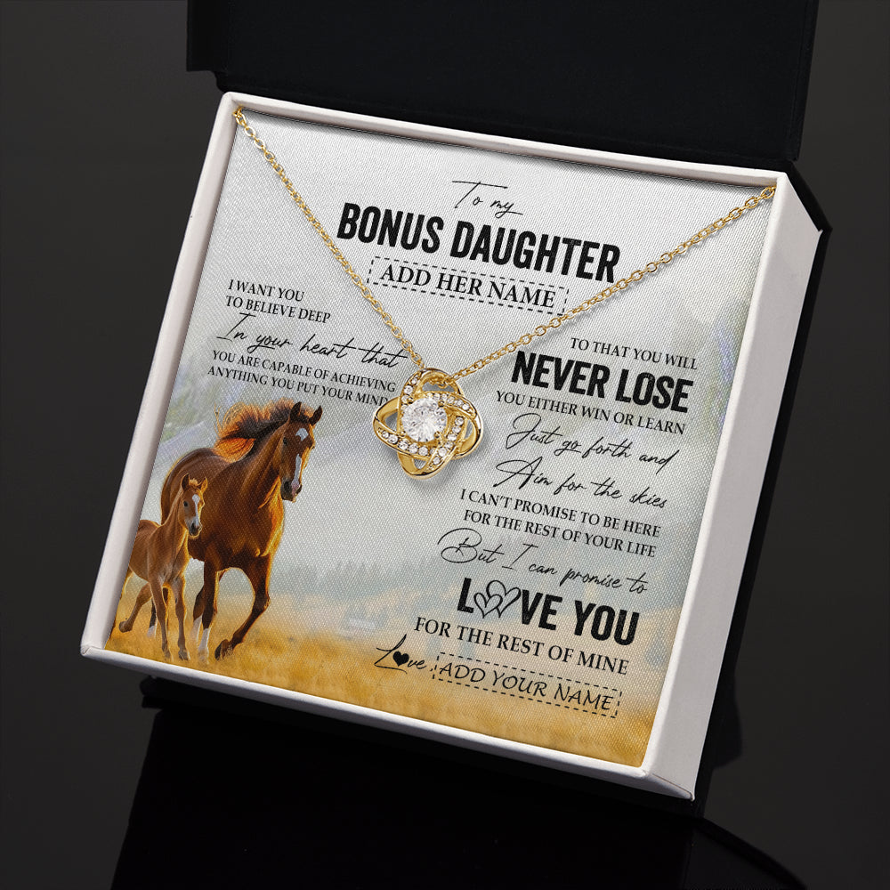 Love Knot Necklace 18K Yellow Gold Finish | 2 | Personalized To My Bonus Daughter Necklace From Stepmother Dad You Will Never Lose Horse Stepdaughter Birthday Gifts Christmas Custom Gift Box Message Card | teecentury