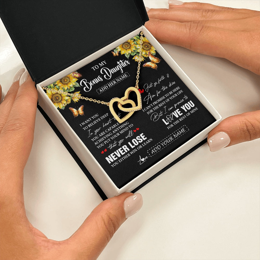 Interlocking Hearts Necklace 18K Yellow Gold Finish | 2 | Personalized To My Bonus Daughter Necklace From Stepmother Dad You Will Never Lose Sunflower Stepdaughter Birthday Gifts Christmas Gift Box Message Card | teecentury.myshopify