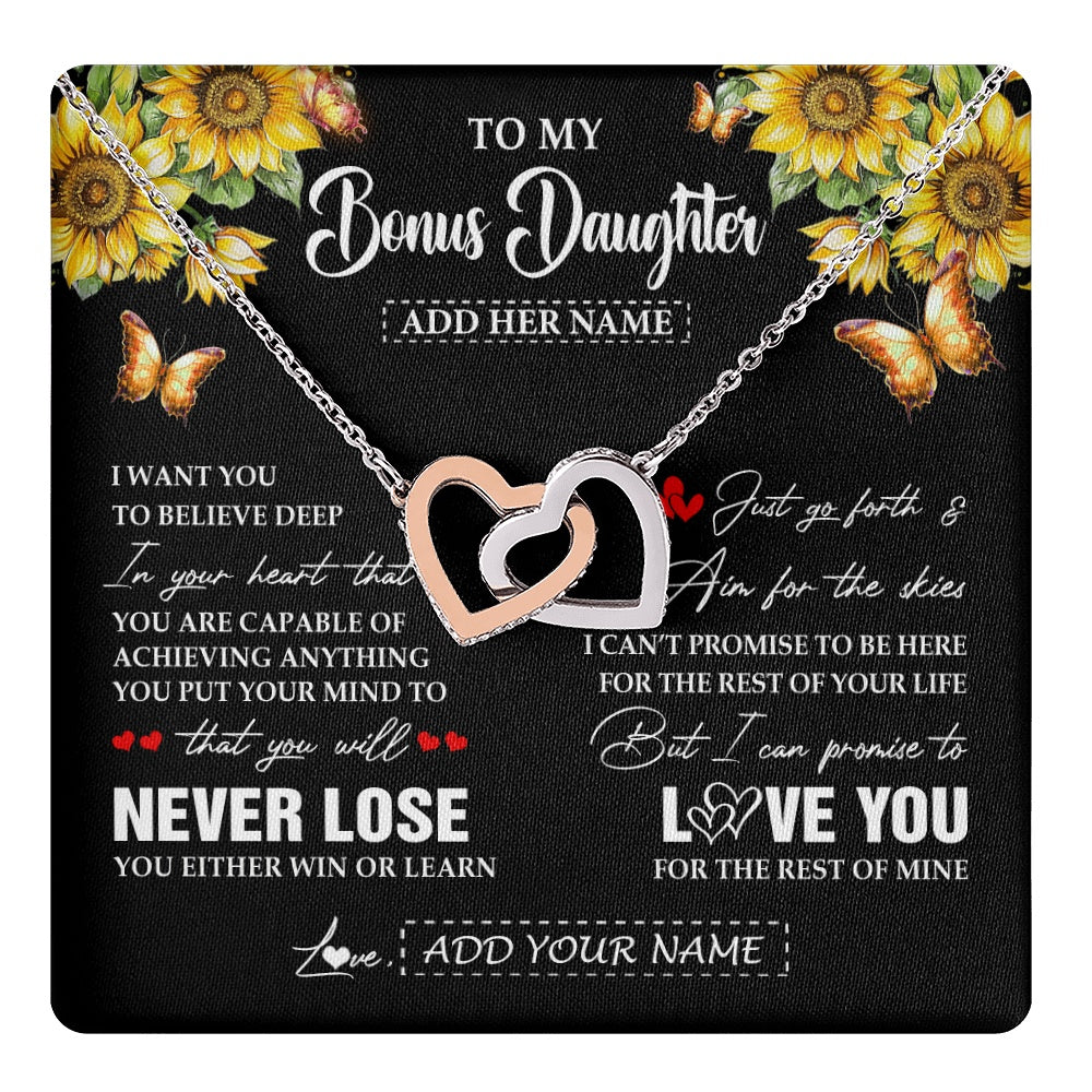 Interlocking Hearts Necklace Stainless Steel & Rose Gold Finish | 1 | Personalized To My Bonus Daughter Necklace From Stepmother Dad You Will Never Lose Sunflower Stepdaughter Birthday Gifts Christmas Gift Box Message Card | teecentury.myshopify