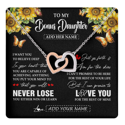 Interlocking Hearts Necklace Stainless Steel & Rose Gold Finish | 1 | Personalized To My Bonus Daughter Necklace From Stepmother Dad You Will Never Lose Sunflower Stepdaughter Birthday Gifts Christmas Gift Box Message Card | teecentury.myshopify