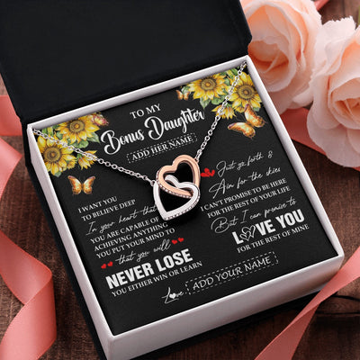 Interlocking Hearts Necklace Stainless Steel & Rose Gold Finish | 2 | Personalized To My Bonus Daughter Necklace From Stepmother Dad You Will Never Lose Sunflower Stepdaughter Birthday Gifts Christmas Gift Box Message Card | teecentury.myshopify