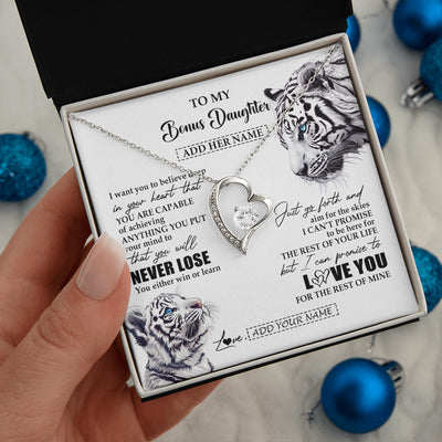 Forever Love Necklace 14K White Gold Finish | 2 | Personalized To My Bonus Daughter Necklace From Stepmother Dad You Will Never Lose White Tiger Stepdaughter Birthday Gifts Christmas Gift Box Message Card | teecentury