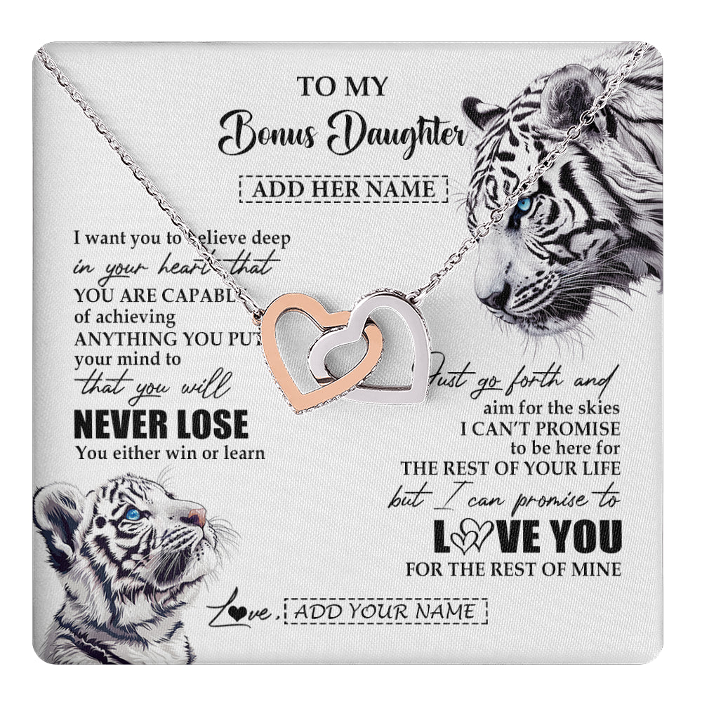 Interlocking Hearts Necklace Stainless Steel & Rose Gold Finish | 1 | Personalized To My Bonus Daughter Necklace From Stepmother Dad You Will Never Lose White Tiger Stepdaughter Birthday Gifts Christmas Gift Box Message Card | teecentury