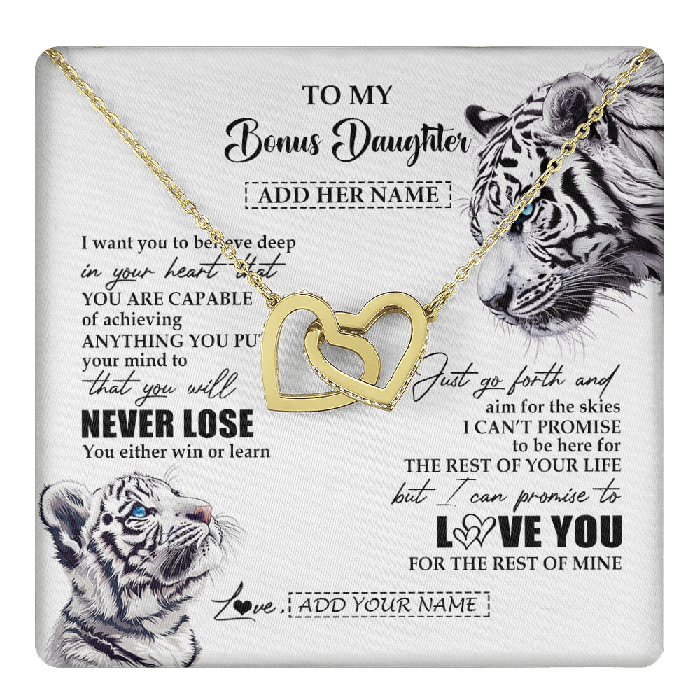 Interlocking Hearts Necklace 18K Yellow Gold Finish | 1 | Personalized To My Bonus Daughter Necklace From Stepmother Dad You Will Never Lose White Tiger Stepdaughter Birthday Gifts Christmas Gift Box Message Card | teecentury