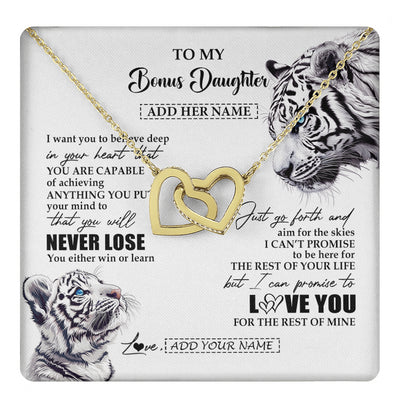 Interlocking Hearts Necklace 18K Yellow Gold Finish | 1 | Personalized To My Bonus Daughter Necklace From Stepmother Dad You Will Never Lose White Tiger Stepdaughter Birthday Gifts Christmas Gift Box Message Card | teecentury