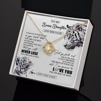 Love Knot Necklace 18K Yellow Gold Finish | 2 | Personalized To My Bonus Daughter Necklace From Stepmother Dad You Will Never Lose White Tiger Stepdaughter Birthday Gifts Christmas Gift Box Message Card | teecentury
