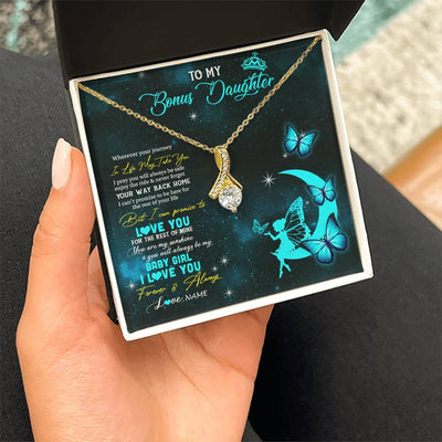 Alluring Beauty Necklace 18K Yellow Gold Finish | 2 | Personalized To My Bonus Daughter Necklace From Stepmother Fairy Silhouette Fantasy Moon Stepdaughter Birthday Christmas Customized Gift Box Message Card | teecentury