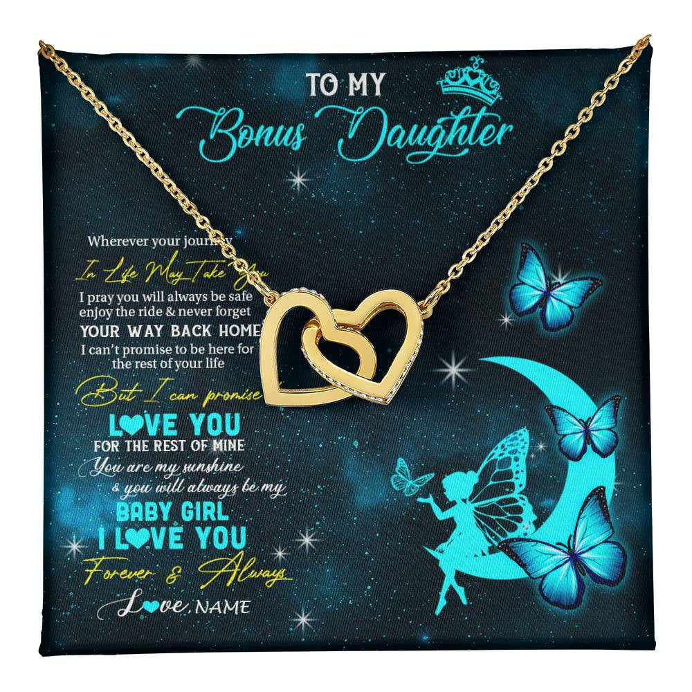Interlocking Hearts Necklace 18K Yellow Gold Finish | 1 | Personalized To My Bonus Daughter Necklace From Stepmother Fairy Silhouette Fantasy Moon Stepdaughter Birthday Christmas Customized Gift Box Message Card | teecentury
