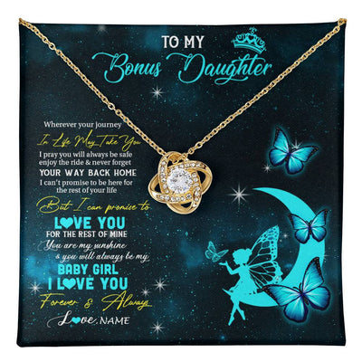 Love Knot Necklace 18K Yellow Gold Finish | 1 | Personalized To My Bonus Daughter Necklace From Stepmother Fairy Silhouette Fantasy Moon Stepdaughter Birthday Christmas Customized Gift Box Message Card | teecentury