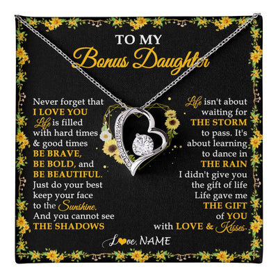 Forever Love Necklace 14K White Gold Finish | 1 | Personalized To My Bonus Daughter Necklace From Stepmother I Love You Sunflower Bonus Daughter Birthday Jewelry Christmas Customized Gift Box Message Card | teecentury