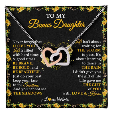 Interlocking Hearts Necklace Stainless Steel & Rose Gold Finish | 1 | Personalized To My Bonus Daughter Necklace From Stepmother I Love You Sunflower Bonus Daughter Birthday Jewelry Christmas Customized Gift Box Message Card | teecentury