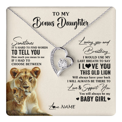 Forever Love Necklace 14K White Gold Finish | 1 | Personalized To My Bonus Daughter Necklace From Stepmother I Love You This Old Lion Stepdaughter Birthday Graduation Christmas Customized Gift Box Message Card | teecentury
