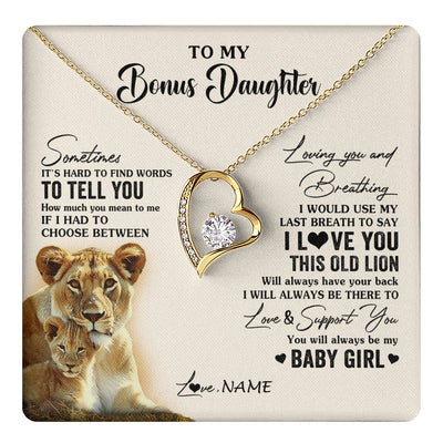 Forever Love Necklace 18K Yellow Gold Finish | 1 | Personalized To My Bonus Daughter Necklace From Stepmother I Love You This Old Lion Stepdaughter Birthday Graduation Christmas Customized Gift Box Message Card | teecentury