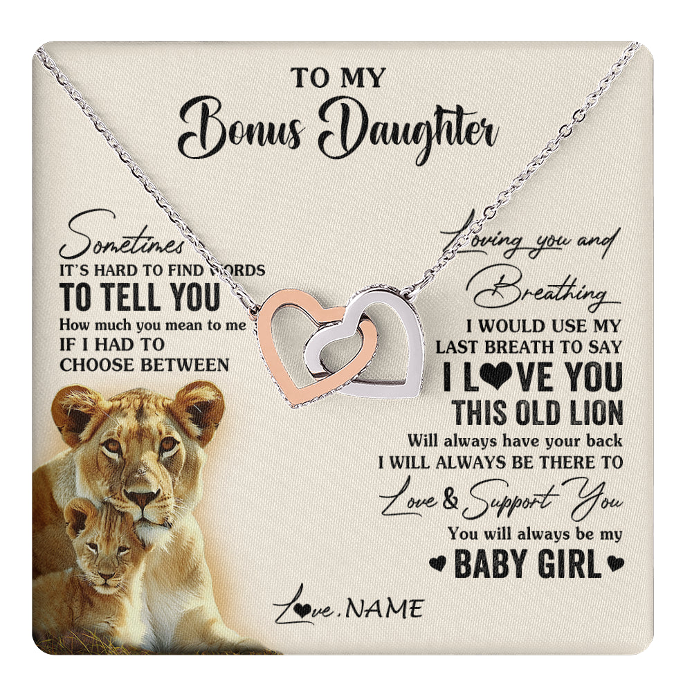 Interlocking Hearts Necklace Stainless Steel & Rose Gold Finish | 1 | Personalized To My Bonus Daughter Necklace From Stepmother I Love You This Old Lion Stepdaughter Birthday Graduation Christmas Customized Gift Box Message Card | teecentury