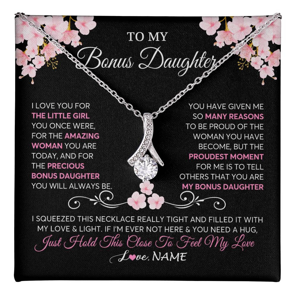 Alluring Beauty Necklace 14K White Gold Finish | 1 | Personalized To My Bonus Daughter Necklace From Stepmother Love You Little Girl Stepdaughter Birthday Jewelry Christmas Customized Gift Box Message Card | teecentury