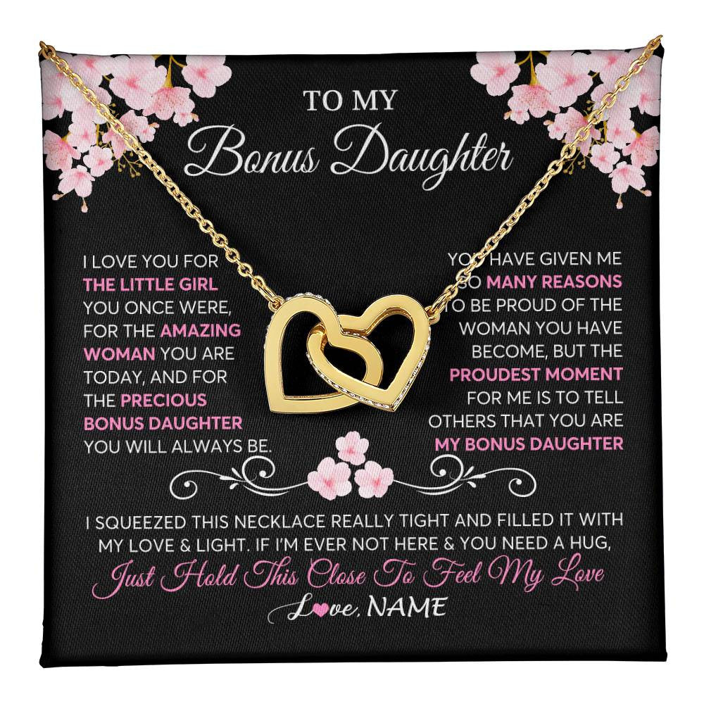 Interlocking Hearts Necklace 18K Yellow Gold Finish | 1 | Personalized To My Bonus Daughter Necklace From Stepmother Love You Little Girl Stepdaughter Birthday Jewelry Christmas Customized Gift Box Message Card | teecentury