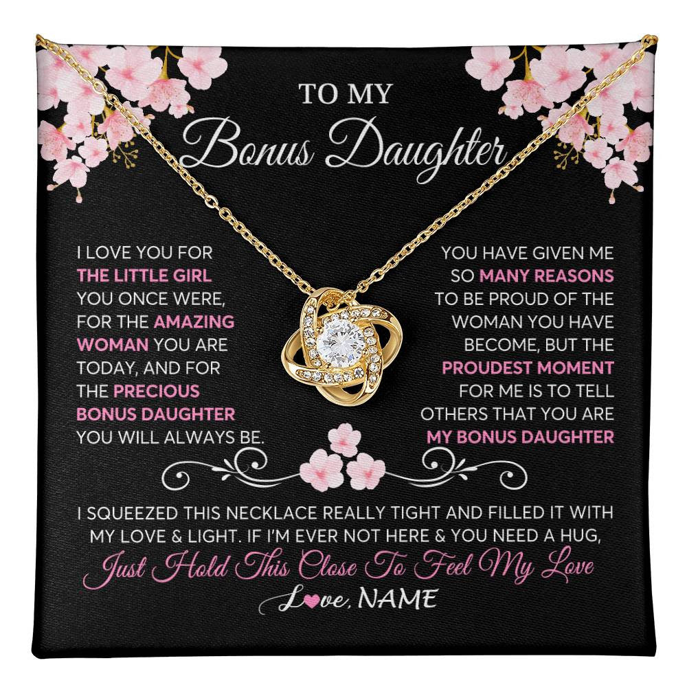 Love Knot Necklace 18K Yellow Gold Finish | 1 | Personalized To My Bonus Daughter Necklace From Stepmother Love You Little Girl Stepdaughter Birthday Jewelry Christmas Customized Gift Box Message Card | teecentury
