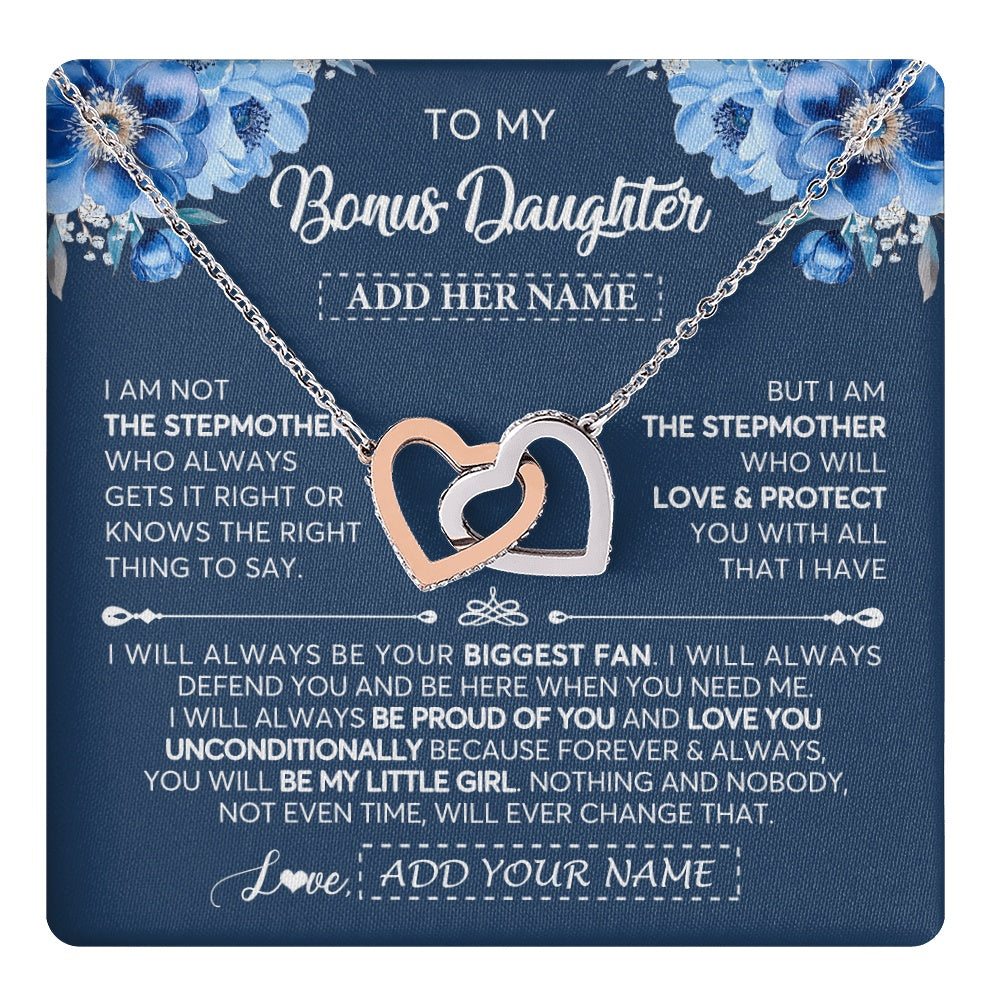 Interlocking Hearts Necklace Stainless Steel & Rose Gold Finish | 1 | Personalized To My Bonus Daughter Necklace From Stepmother Proud Of You Birthday Gifts For Stepdaughter Jewelry Gifts Christmas Custom Gift Box Message Card | https://teecentury.