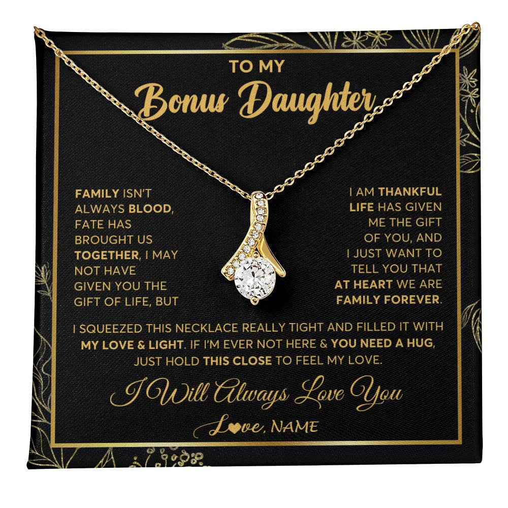 Alluring Beauty Necklace 18K Yellow Gold Finish | 1 | Personalized To My Bonus Daughter Necklace From Stepmother Step Dad We Are Family Forever StepDaughter Birthday Christmas Customized Gift Box Message Card | teecentury