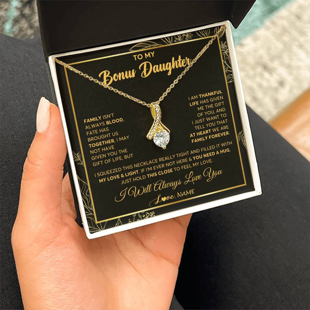 Alluring Beauty Necklace 18K Yellow Gold Finish | 2 | Personalized To My Bonus Daughter Necklace From Stepmother Step Dad We Are Family Forever StepDaughter Birthday Christmas Customized Gift Box Message Card | teecentury
