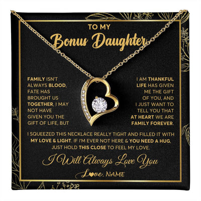 Forever Love Necklace 18K Yellow Gold Finish | 1 | Personalized To My Bonus Daughter Necklace From Stepmother Step Dad We Are Family Forever StepDaughter Birthday Christmas Customized Gift Box Message Card | teecentury