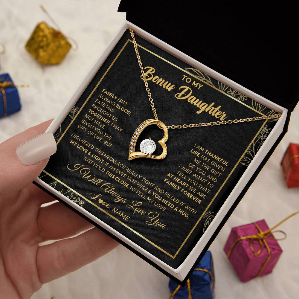 Forever Love Necklace 18K Yellow Gold Finish | 2 | Personalized To My Bonus Daughter Necklace From Stepmother Step Dad We Are Family Forever StepDaughter Birthday Christmas Customized Gift Box Message Card | teecentury