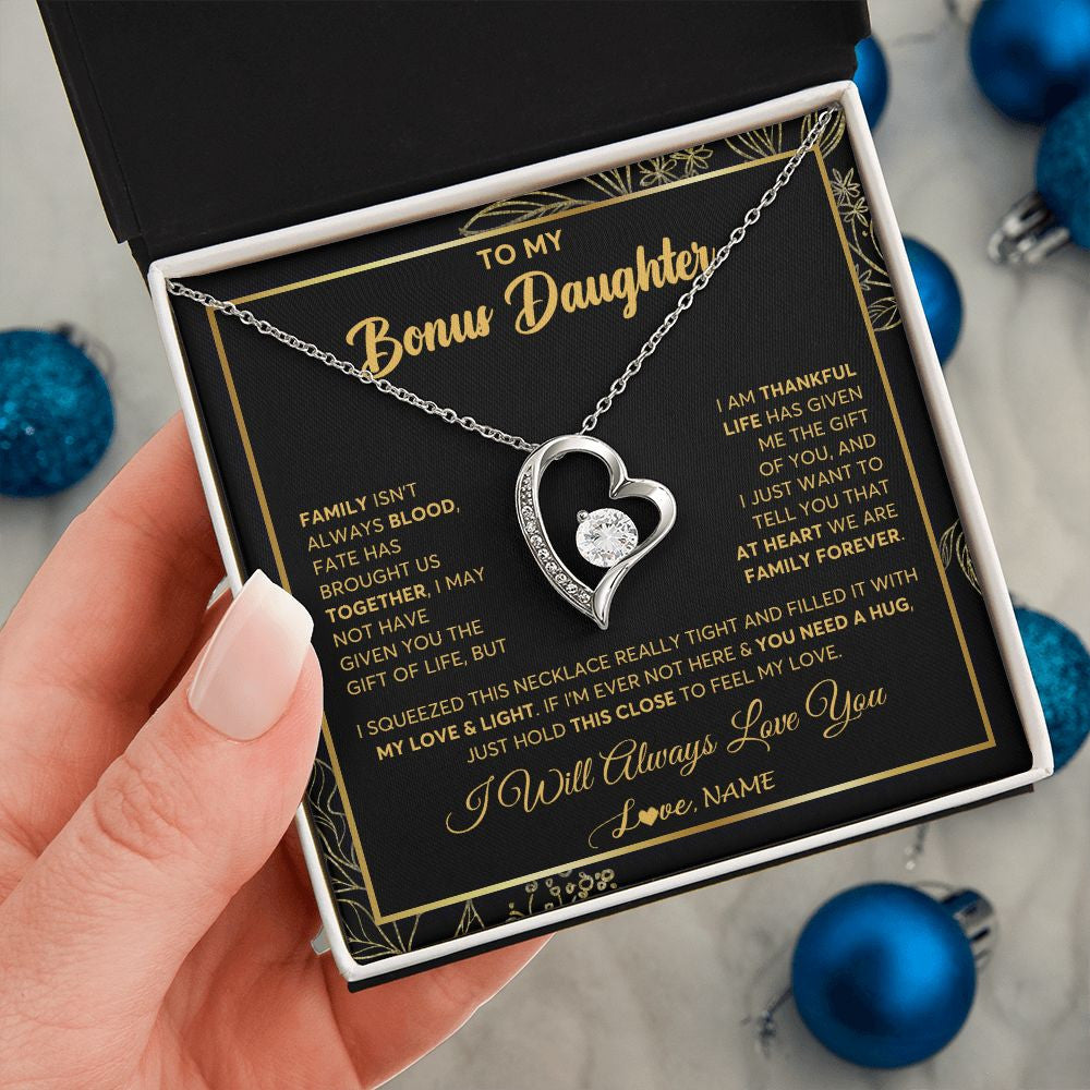 Forever Love Necklace | Personalized To My Bonus Daughter Necklace From Stepmother Step Dad We Are Family Forever StepDaughter Birthday Christmas Customized Gift Box Message Card | teecentury