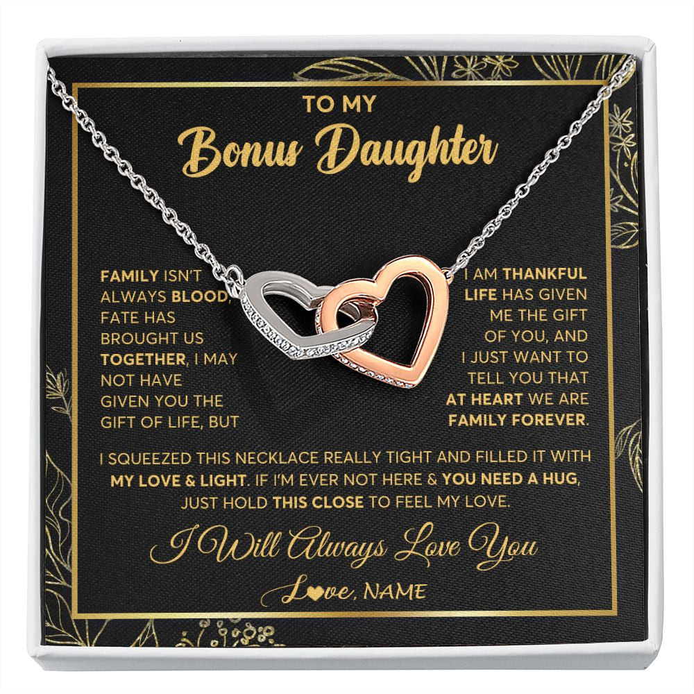 Interlocking Hearts Necklace | Personalized To My Bonus Daughter Necklace From Stepmother Step Dad We Are Family Forever StepDaughter Birthday Christmas Customized Gift Box Message Card | teecentury