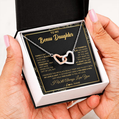 Interlocking Hearts Necklace | Personalized To My Bonus Daughter Necklace From Stepmother Step Dad We Are Family Forever StepDaughter Birthday Christmas Customized Gift Box Message Card | teecentury