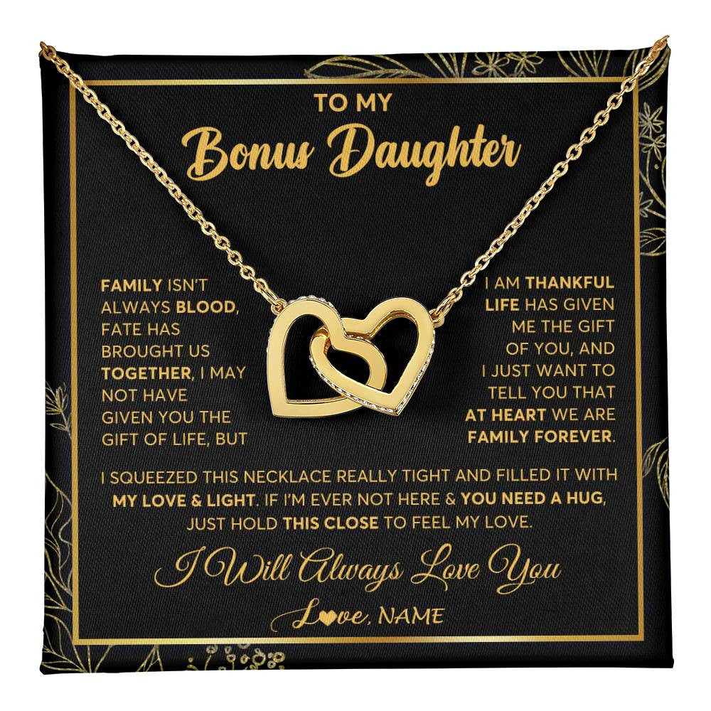 Interlocking Hearts Necklace 18K Yellow Gold Finish | 1 | Personalized To My Bonus Daughter Necklace From Stepmother Step Dad We Are Family Forever StepDaughter Birthday Christmas Customized Gift Box Message Card | teecentury