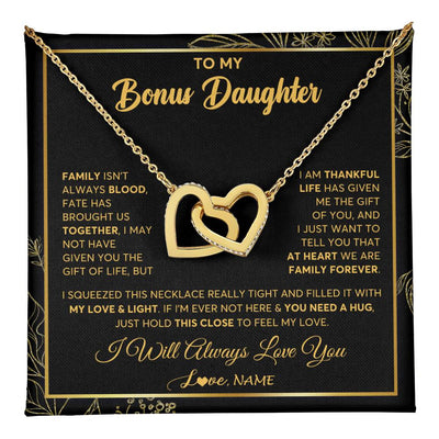 Interlocking Hearts Necklace 18K Yellow Gold Finish | 1 | Personalized To My Bonus Daughter Necklace From Stepmother Step Dad We Are Family Forever StepDaughter Birthday Christmas Customized Gift Box Message Card | teecentury