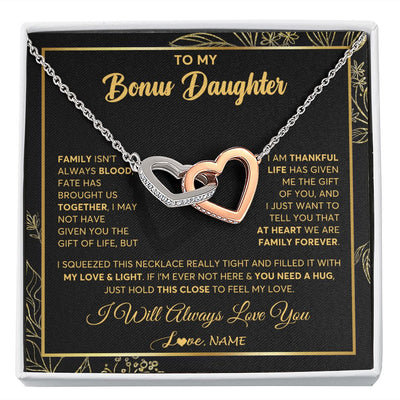 Interlocking Hearts Necklace | Personalized To My Bonus Daughter Necklace From Stepmother Step Dad We Are Family Forever StepDaughter Birthday Christmas Customized Gift Box Message Card | teecentury
