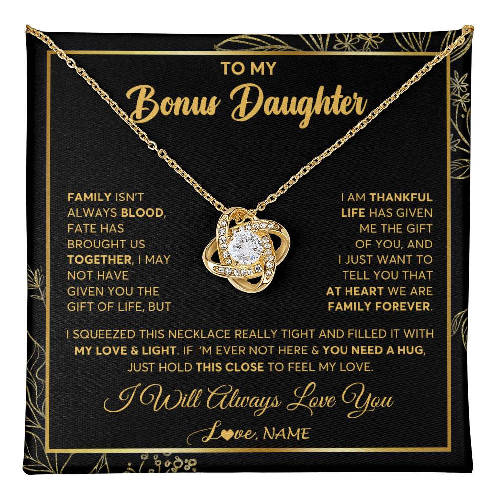 Love Knot Necklace 18K Yellow Gold Finish | 1 | Personalized To My Bonus Daughter Necklace From Stepmother Step Dad We Are Family Forever StepDaughter Birthday Christmas Customized Gift Box Message Card | teecentury