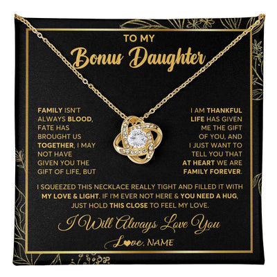 Love Knot Necklace 18K Yellow Gold Finish | 1 | Personalized To My Bonus Daughter Necklace From Stepmother Step Dad We Are Family Forever StepDaughter Birthday Christmas Customized Gift Box Message Card | teecentury