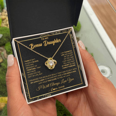 Love Knot Necklace 18K Yellow Gold Finish | 2 | Personalized To My Bonus Daughter Necklace From Stepmother Step Dad We Are Family Forever StepDaughter Birthday Christmas Customized Gift Box Message Card | teecentury