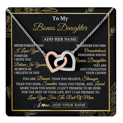 Interlocking Hearts Necklace Stainless Steel & Rose Gold Finish | 1 | Personalized To My Bonus Daughter Necklace From Stepmother Stepdad I Love You Gift For My Stepdaughter Birthday Gifts Christmas Custom Gift Box Message Card | teecentury.myshopify