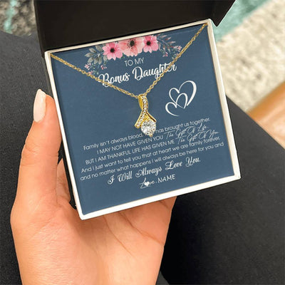 Alluring Beauty Necklace 18K Yellow Gold Finish | Personalized To My Bonus Daughter Necklace From Stepmother Stepfather I Will Always Love You Stepdaughter Jewelry Birthday Christmas Customized Message Card | teecentury