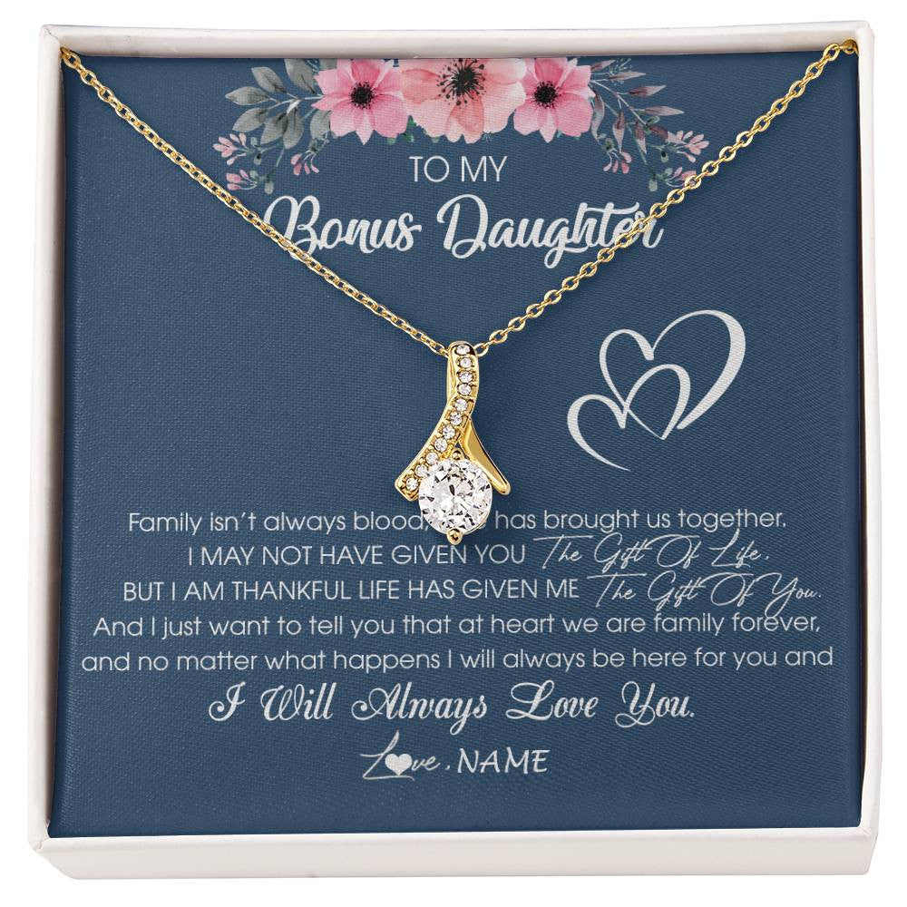 Alluring Beauty Necklace 18K Yellow Gold Finish | Personalized To My Bonus Daughter Necklace From Stepmother Stepfather I Will Always Love You Stepdaughter Jewelry Birthday Christmas Customized Message Card | teecentury