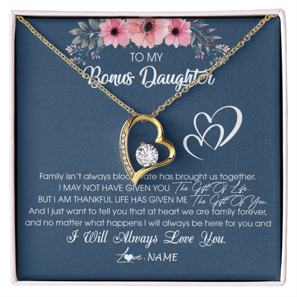 Forever Love Necklace 18K Yellow Gold Finish | Personalized To My Bonus Daughter Necklace From Stepmother Stepfather I Will Always Love You Stepdaughter Jewelry Birthday Christmas Customized Message Card | teecentury
