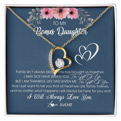 Forever Love Necklace 18K Yellow Gold Finish | Personalized To My Bonus Daughter Necklace From Stepmother Stepfather I Will Always Love You Stepdaughter Jewelry Birthday Christmas Customized Message Card | teecentury