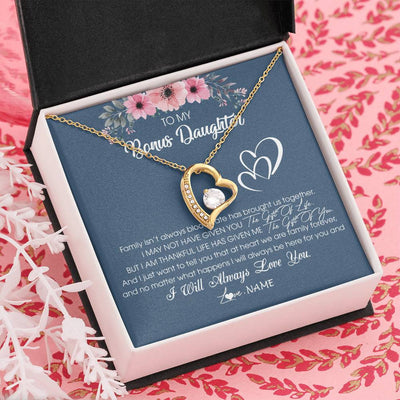 Forever Love Necklace 18K Yellow Gold Finish | Personalized To My Bonus Daughter Necklace From Stepmother Stepfather I Will Always Love You Stepdaughter Jewelry Birthday Christmas Customized Message Card | teecentury